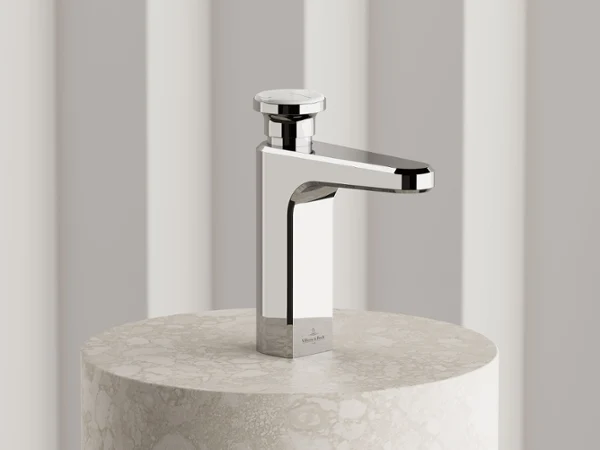 Vea Chrome washbasin tap with flacon-inspired design. Single Villeroy & Boch Vea washbasin tap in chrome, with faceted design reminiscent of a timeless perfume flacon.