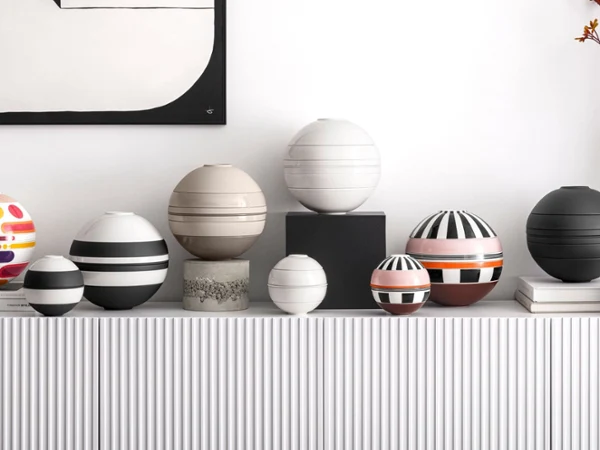 La Boule and La Petite Boule together on a sideboard La Boule and La petite Boule products shown in all the available color options on a white sideboard