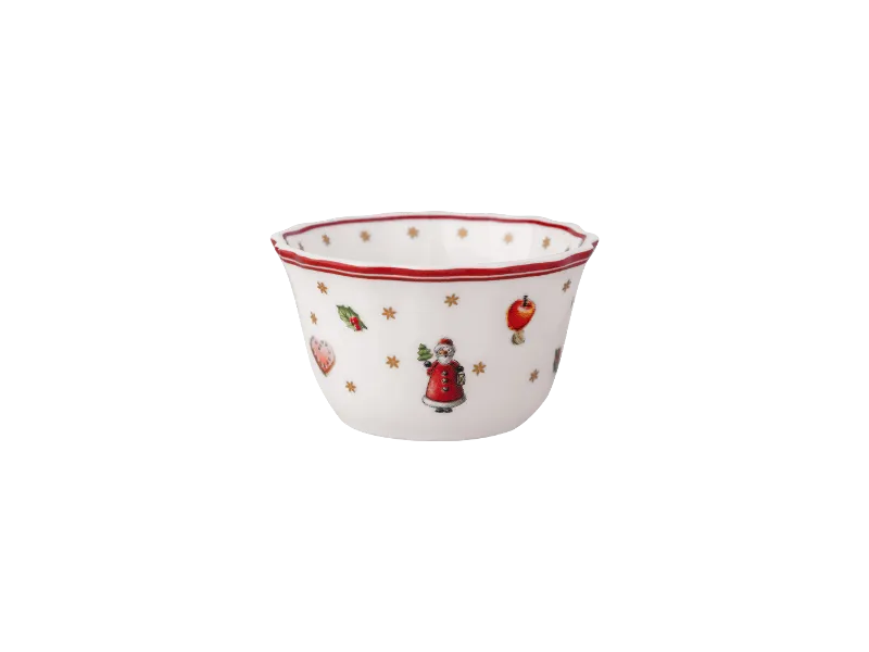 Weiße Keramikschale mit rotem Rand, außen mit weihnachtlichen Motiven wie dem Weihnachtsmann und Ornamenten verziert.