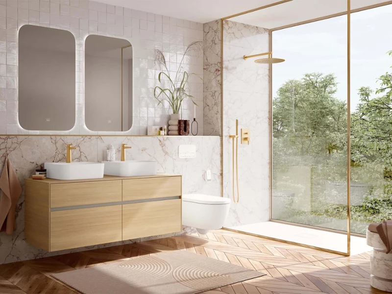 Un plan de toilette de salle de bains de style Modern Luxury avec un meuble sous plan Collaro et un lavabo Finion.