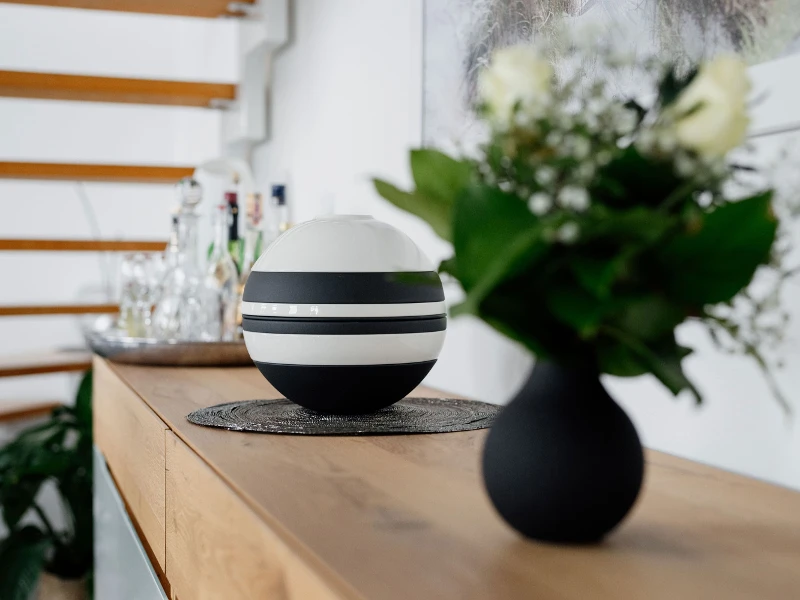 There is a black and white La Boule on a wooden shelf.