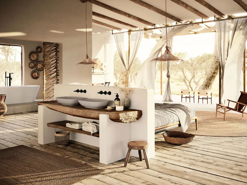 Open bathroom and bedroom with Loop&Friends design, inspired by Tanzania’s natural tones and crafted details.