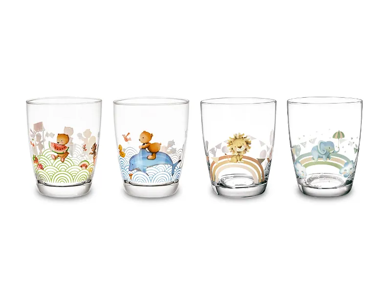 Four clear glasses with colourful animal motifs, including bears and lions, arranged in a row on a white background.