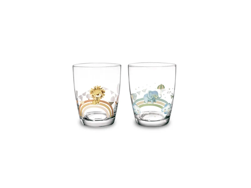 Dos vasos transparentes con coloridos motivos animales, incluidos osos y leones, dispuestos en fila sobre fondo blanco.