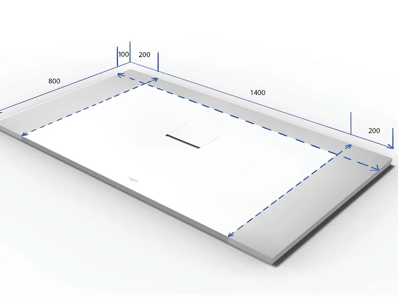 Uno schizzo che mostra la possibilità di tagliare un piatto doccia Squaro Infinity bianco.