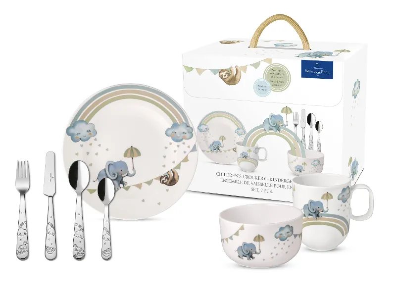 The Villeroy & Boch Boho Kids | Walk like an Elephant children's dinnerware set includes a plate, a bowl, a cup, a fork, a knife, two spoons, and a packaging box.