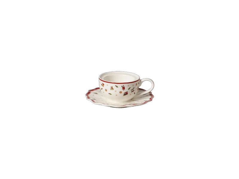 Villeroy & Boch Porzellan-Teelichtalttasse mit rotem Weihnachtsmuster auf Untertasse.