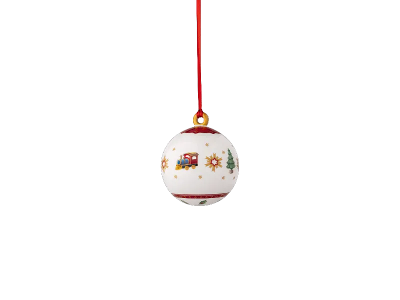 Weißes Weihnachtsornament von Villeroy & Boch mit roter Schleife, Zug, Schneeflocken und Christbaumschmuck.