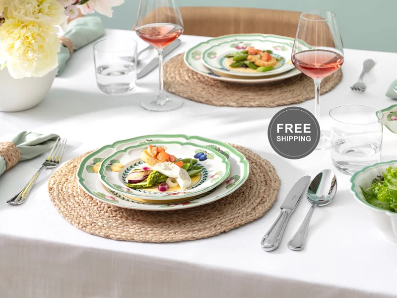 French Garden plate with a free shipping overlay sticker Free shipping callout sticker on image of French Garden plate.