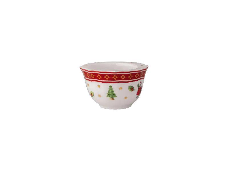 Villeroy & Boch Keramikteelichthalter mit rotem Rand, verziert mit weihnachtlichen Motiven wie Baum, Sternen und Geschenken.