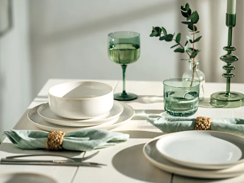 A dining table setting with white Crafted plates, green glasses from like Glass and bowls, along with green napkins with gold holders and green leaf decoration.