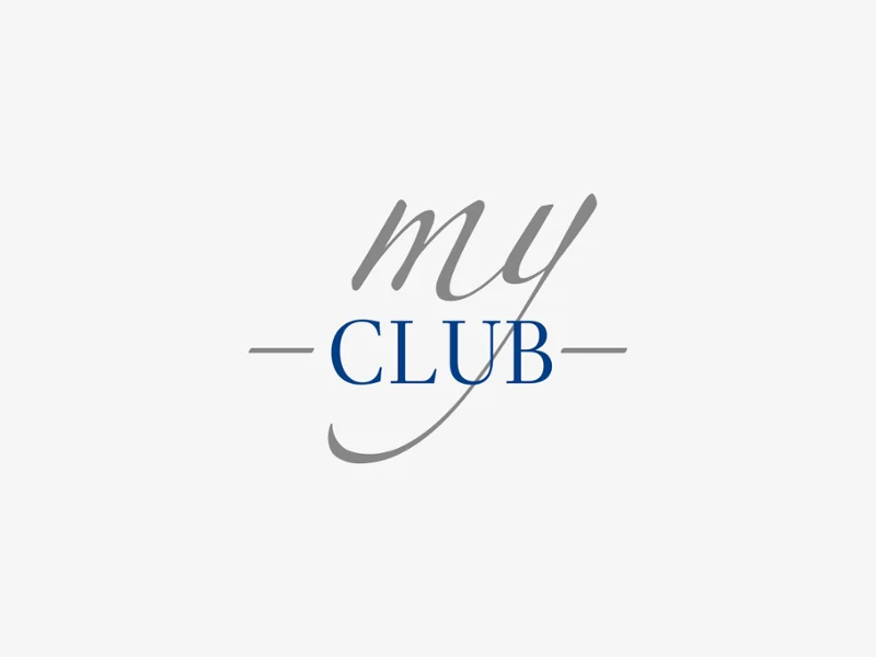 My Club Logo The image shows the words "my CLUB" with "my" in grey font and "CLUB" in blue capital letters, separated by lines.