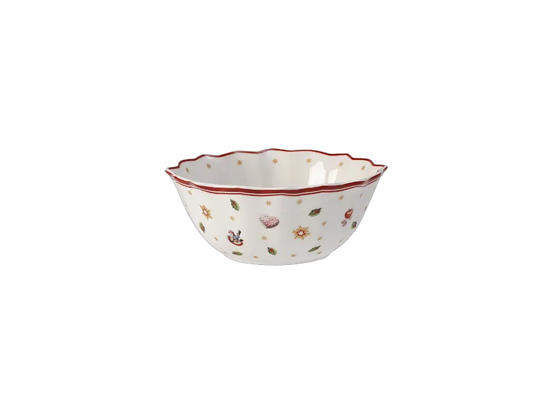 Dekorative Keramikschale von Villeroy & Boch verfügt über einen gewellten Rand und kleine festliche Symbole wie Sterne, Schneeflocken und Ornamente.