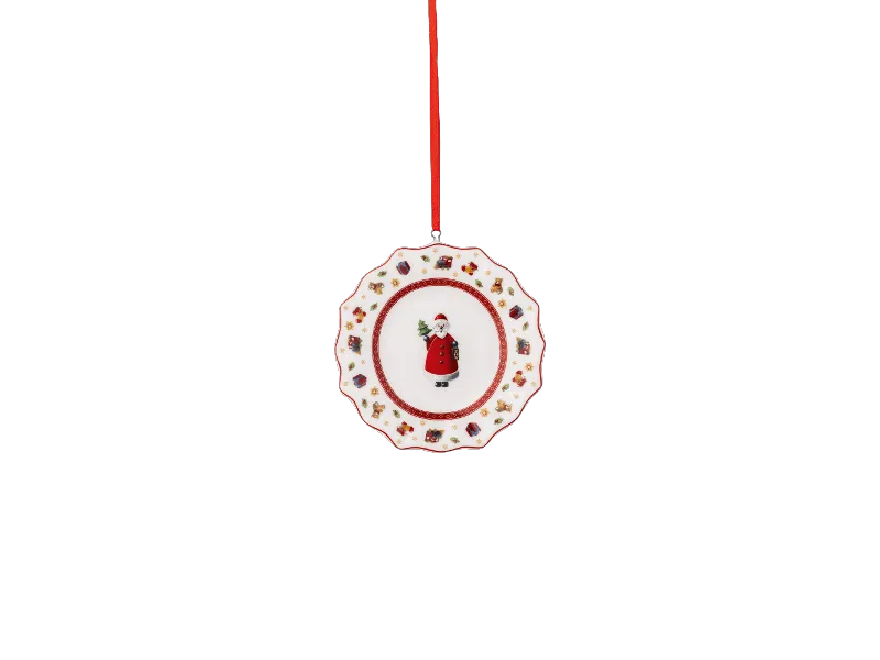 Ein dekoratives Weihnachtstellerornament von Villeroy & Boch mit einer Weihnachtsmann-Illustration und einem gemusterten Rand, verziert mit einem roten Band.