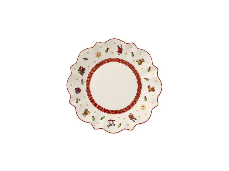 Teller von Villeroy & Boch mit gewelltem Rand, der weihnachtliche Illustrationen wie den Weihnachtsmann, Geschenke und Schneeflocken zeigt und durch einen roten Rand akzentuiert wird.