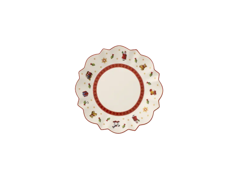Teller von Villeroy & Boch mit gewelltem Rand, der weihnachtliche Illustrationen wie den Weihnachtsmann, Geschenke und Schneeflocken zeigt und durch einen roten Rand akzentuiert wird.