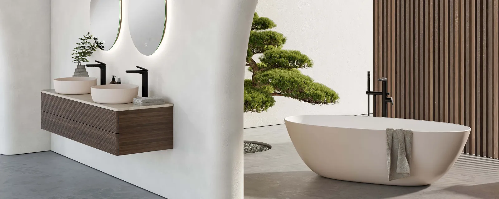 Un bagno moderno con accenti in legno scuro, vasca e lavabo Antao in beige.