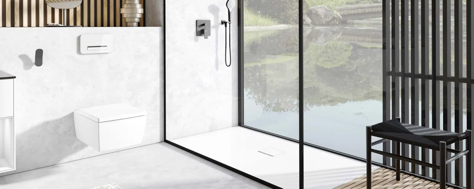 Elegante bagno Villeroy & Boch con doccia aperta e vetrata e arredamento naturale purista