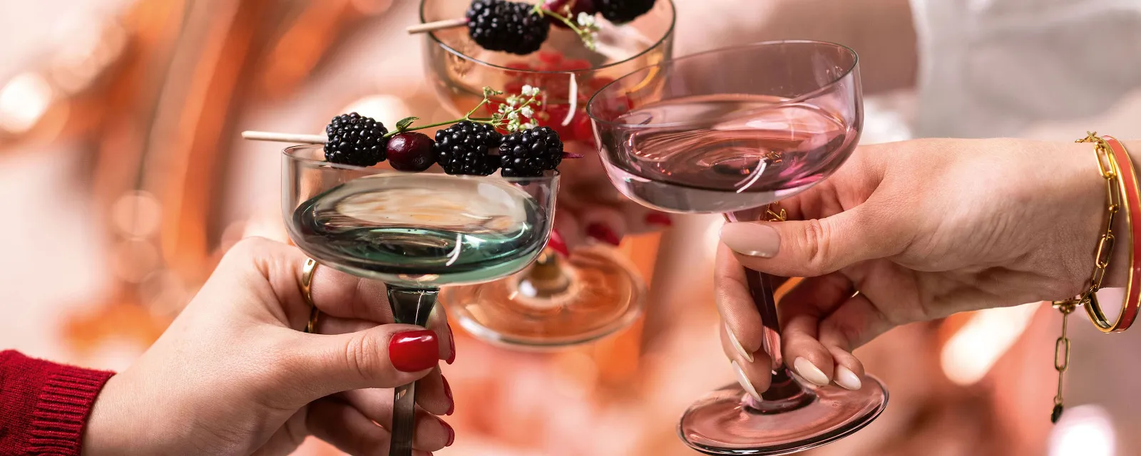 A group of people holds like. champagne glasses with berries in them.