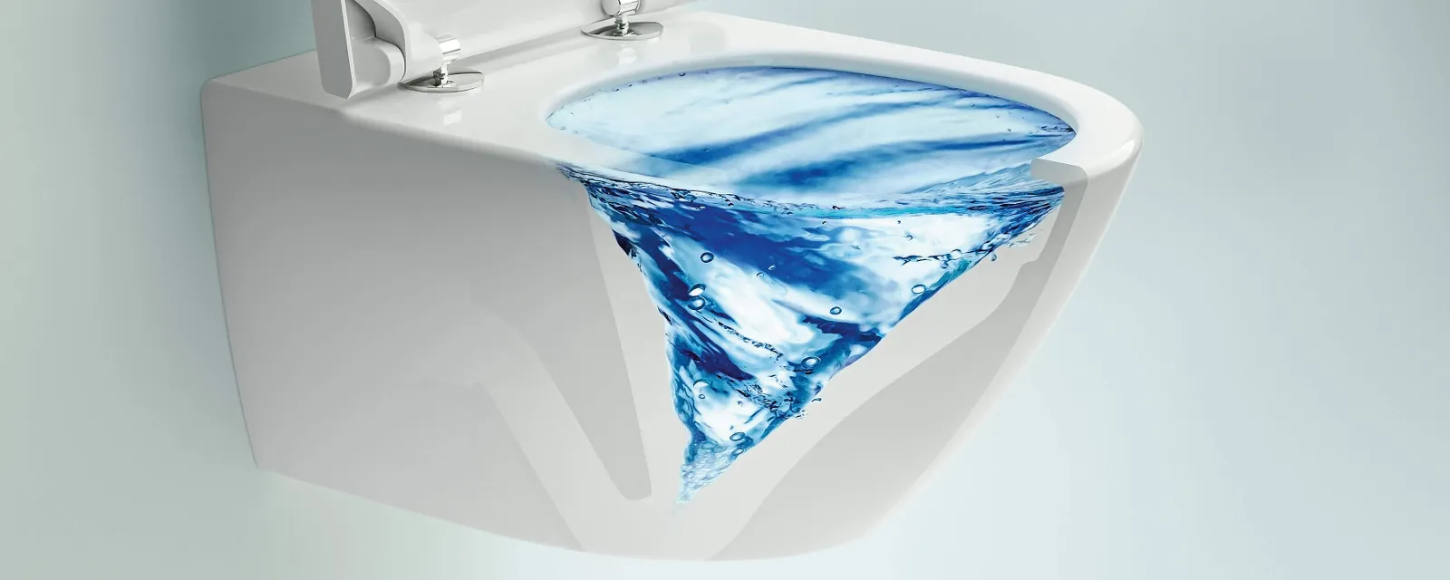 TwistFlush example image to illustrate the function White wall-mounted toilet with an illustrated water vortex inside the bowl, depicted on a light blue background