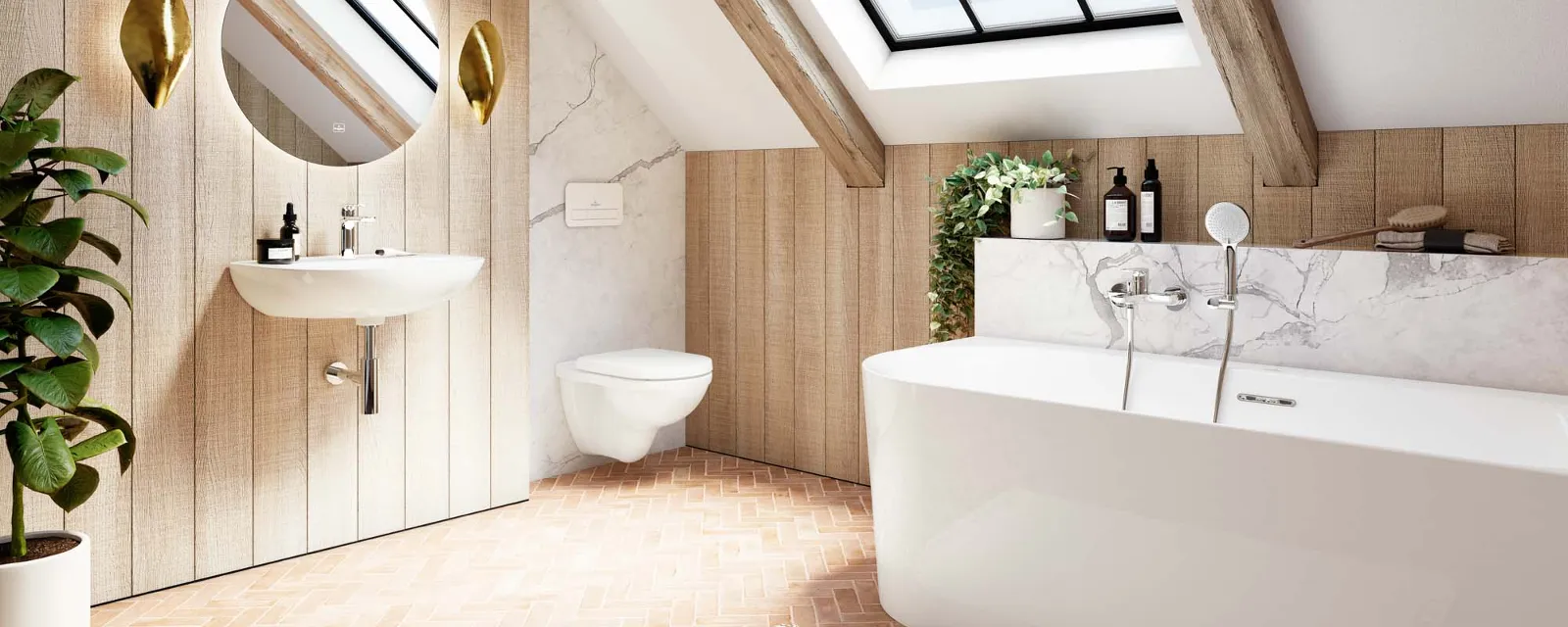 O.novo bath with a washbasin and toilet. A modern bathroom with a bath, a wall-mounted washbasin, a round mirror and a toilet from the O.novo collection. A large skylight and a potted plant create an attractive effect. Wooden accents and herringbone tiles add a rustic note to the room.