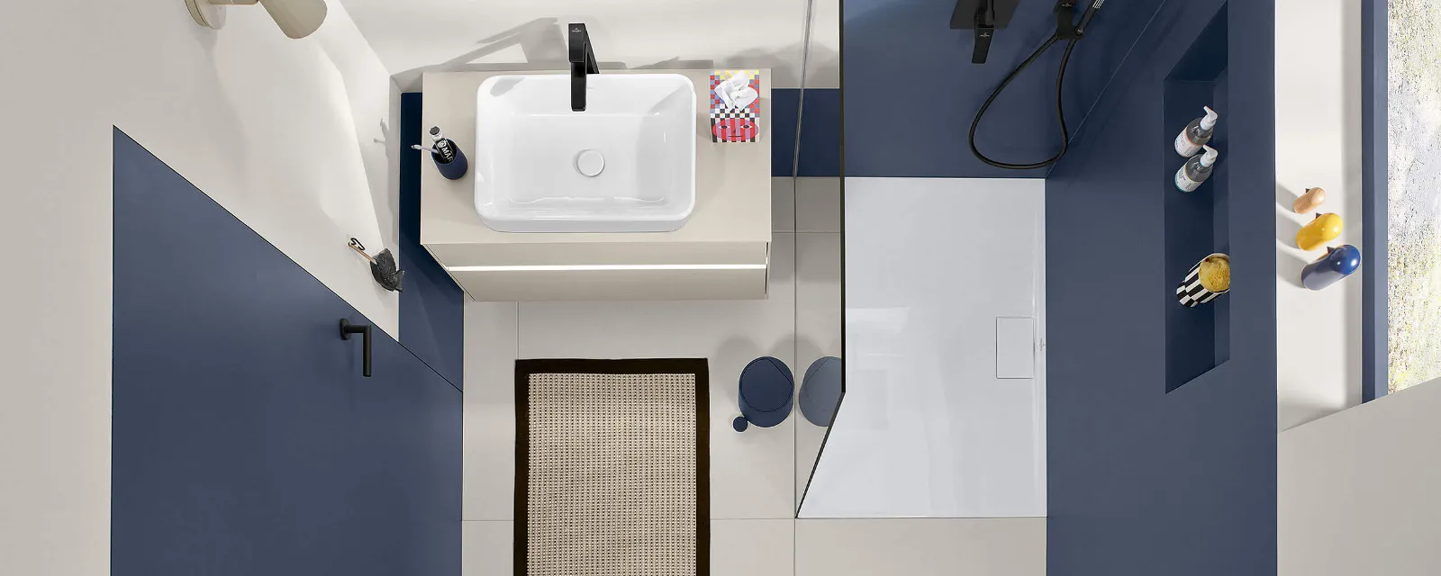 Complete bathroom from Villeroy & Boch View from above of a modern complete Villeroy & Boch bathroom with blue walls