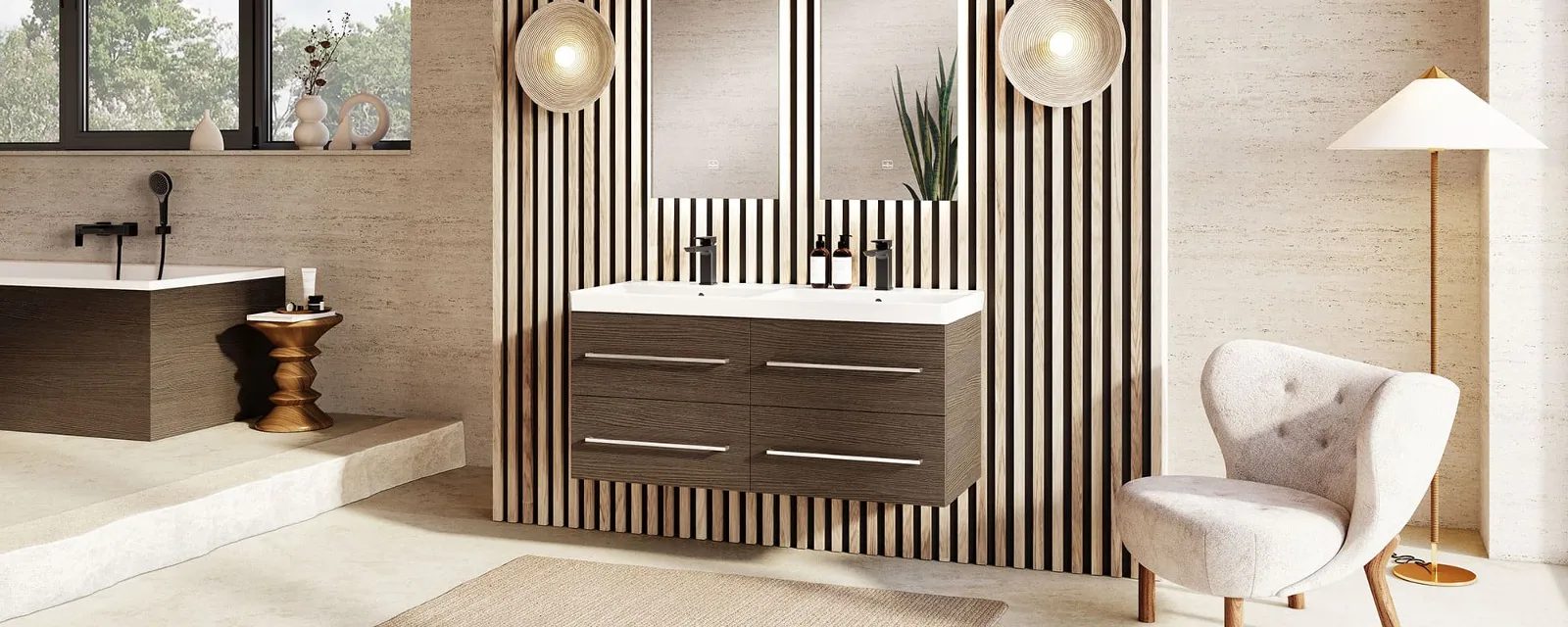 Avento Waschbecken und Unterschrank in einem Badezimmer im Holzdesign Ein Badezimmer mit einer Holzwand, davor ein Avento Doppelwaschtisch auf einem hängenden Unterschrank von Villeroy & Boch.