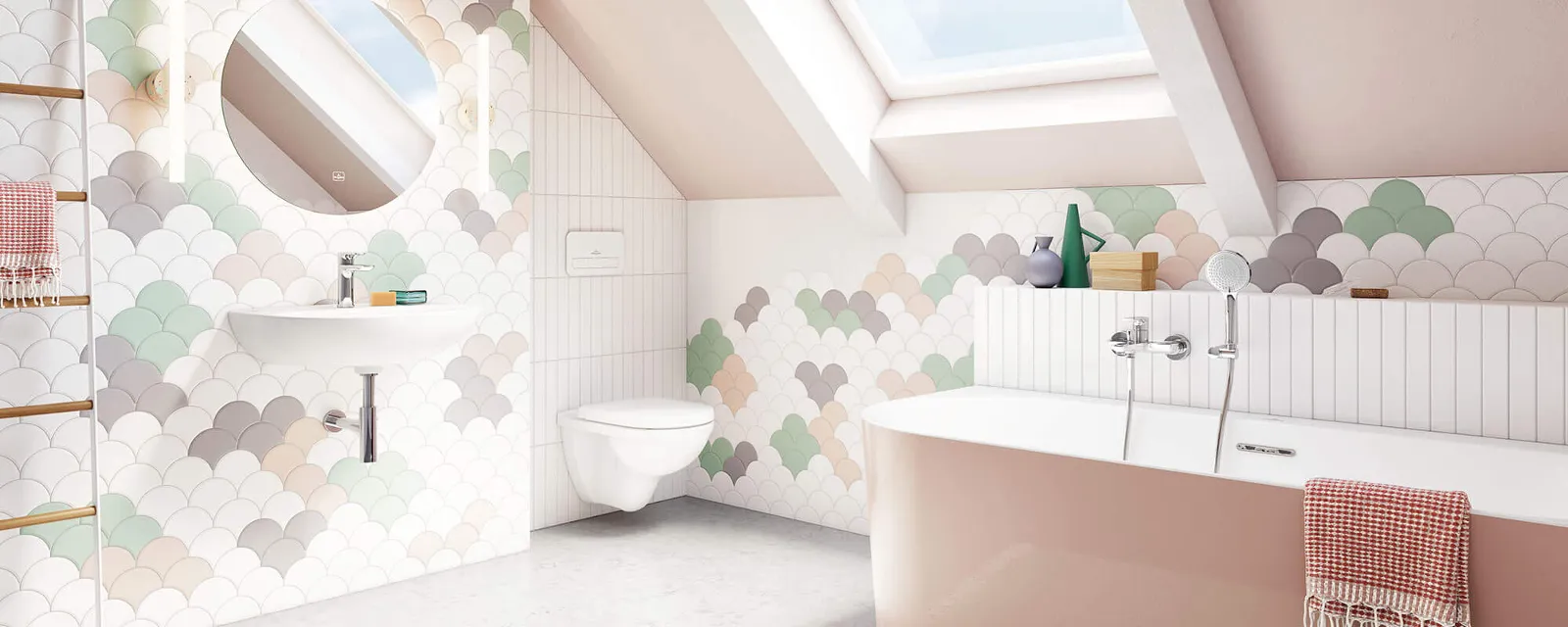 O.novo Waschbecken mit bunten Fliesen Ein weißes O.novo Waschbecken in einem Badezimmer mit bunten Fliesen hinter dem Waschtisch