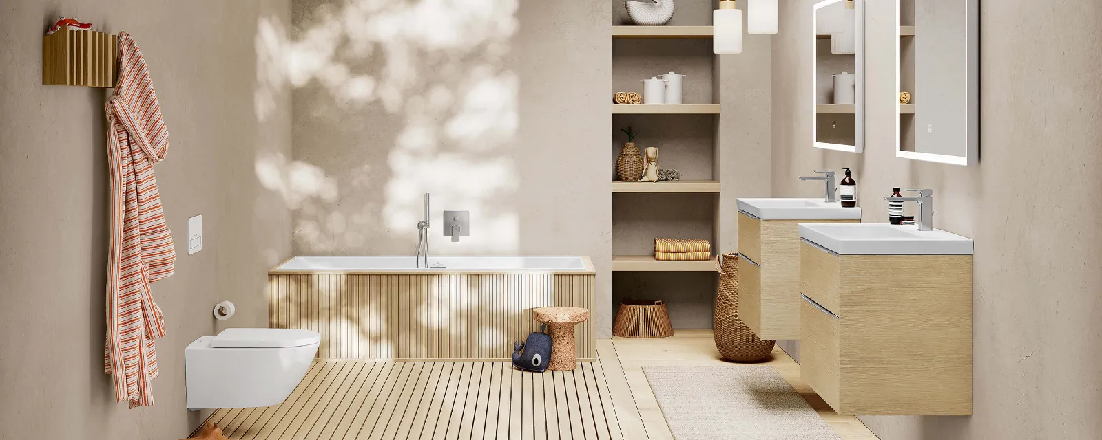 Un bagno con pavimento in legno ed eleganti mobili da bagno Subway 3.0 in look legno.