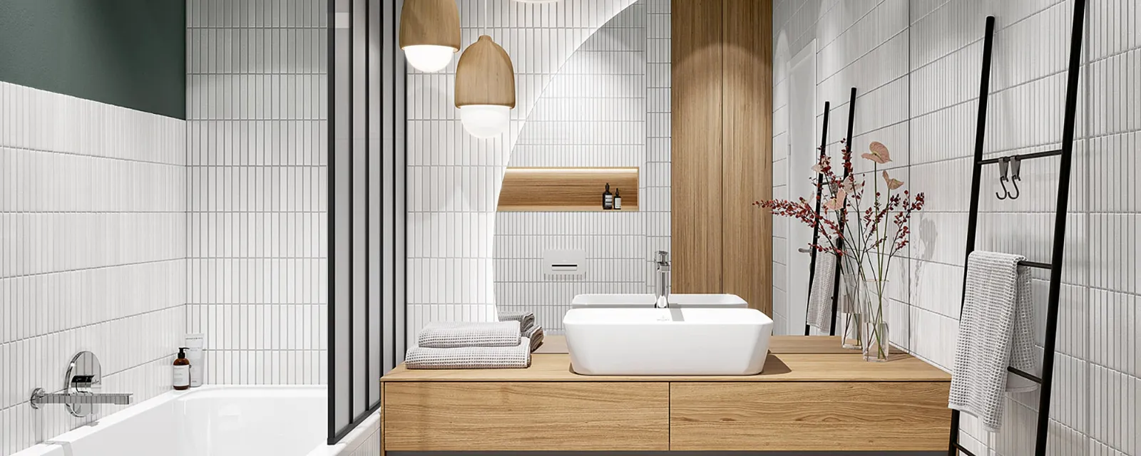 Modern, licht badkamerinterieur met terrazzovloer, witte tegels, houten kasten, bad van Villeroy & Boch en decoratieve planten.