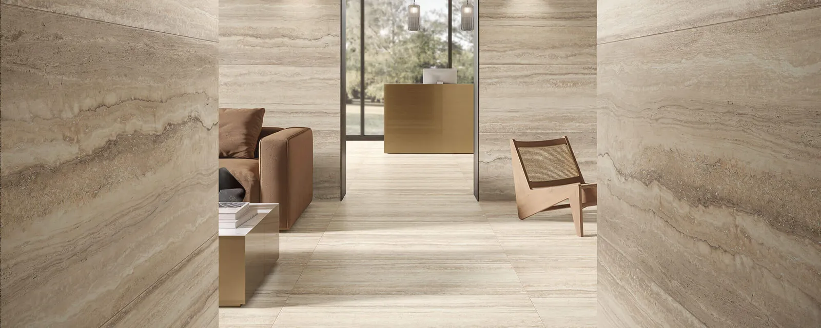 Beige Tuscan Traces tiles in bright lobby Elegant foyer with beige striped walls and tiled floor leading to an arched entrance overlooking a garden, furnished with minimalist chairs and wall lights.
