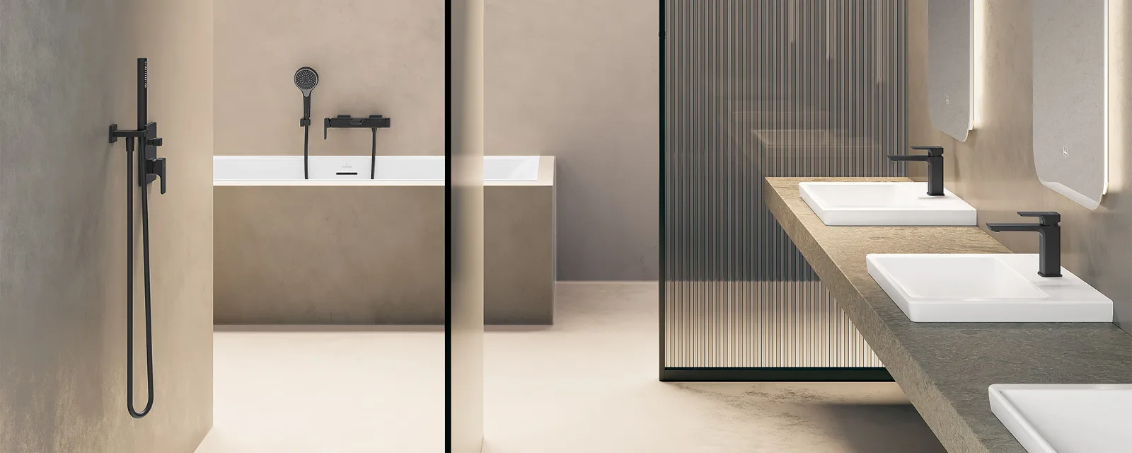 Ceramika łazienkowa Subway 3.0 marki Villeroy & Boch z bateriami Nowoczesna, minimalistyczna łazienka z beżowymi ścianami, dużą wanną, prysznicem zlicowanym z podłogą z czarnymi bateriami i umywalką podwójną pod prostokątnymi lustrami. Strefa wanny jest oddzielona nieprzezroczystą szybą.