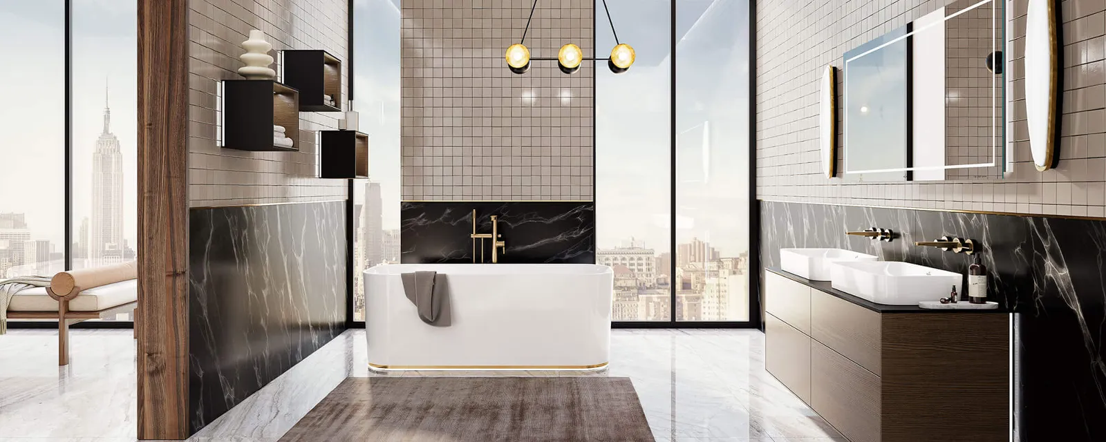 Una vasca da bagno freestanding della collezione Finion in un bagno moderno e luminoso.