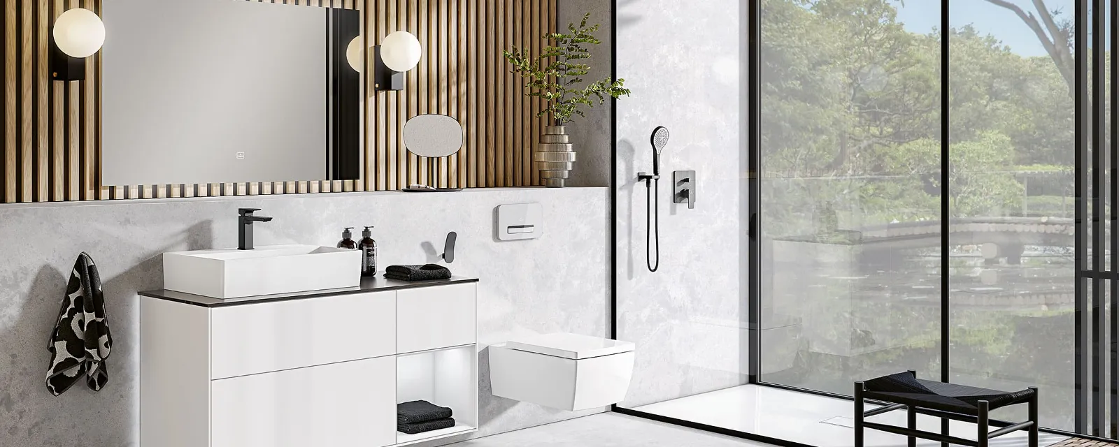 Un bagno moderno con soffitti in legno e lavabo e WC Memento 2.0 bianchi.