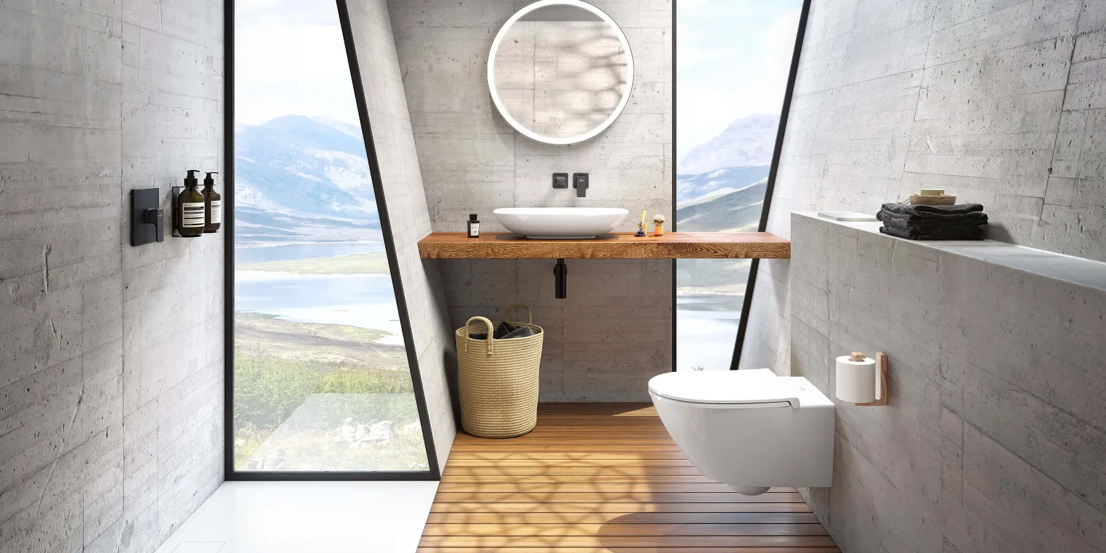 Bagno moderno con pareti in cemento, ampia finestra con vista sul lago, specchio rotondo Subway 3.0 e lavabo da appoggio bianco Loop & Friends