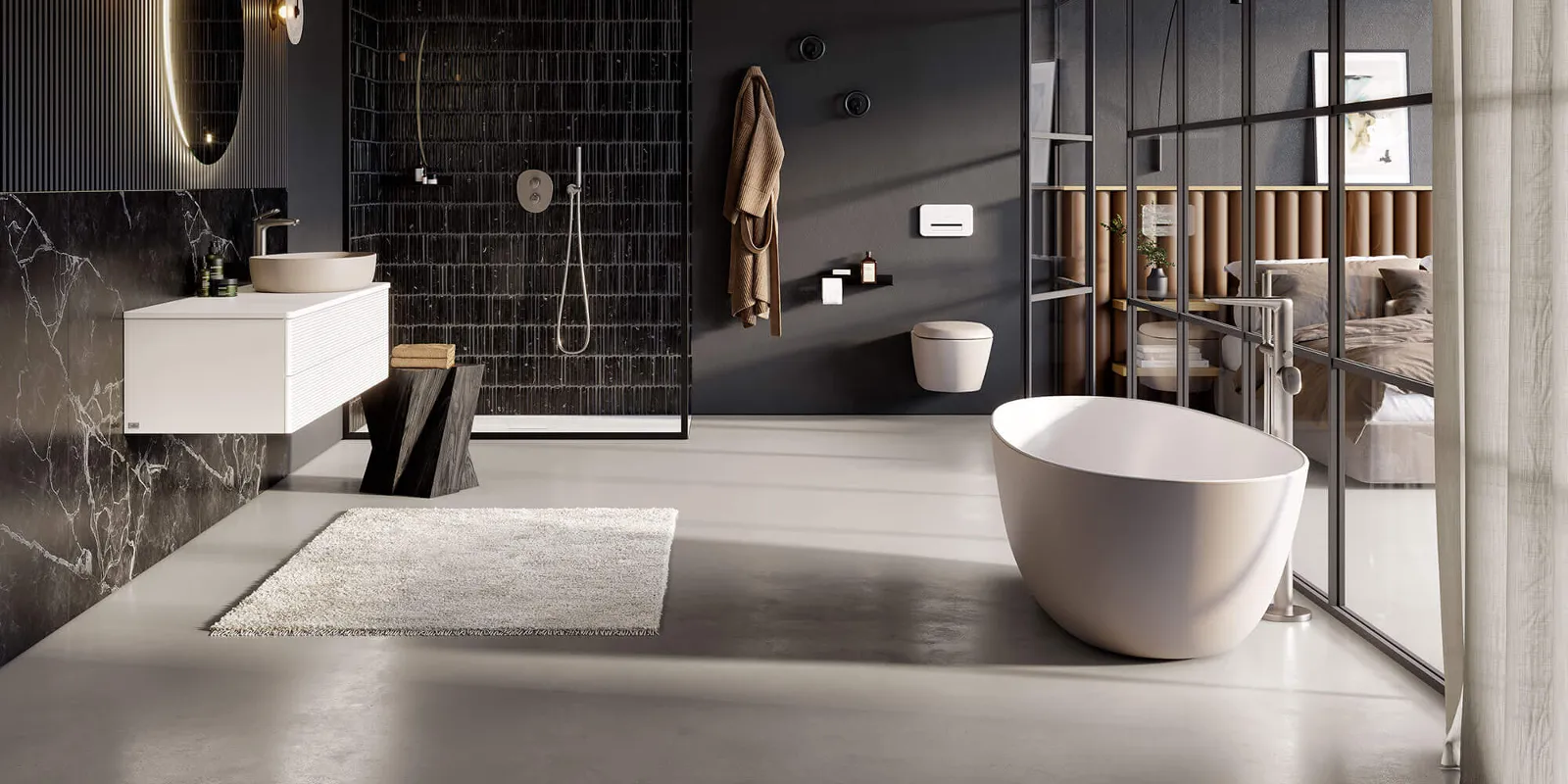 Une salle de bains moderne avec des murs noirs et une baignoire Antao blanche de Villeroy & Boch.