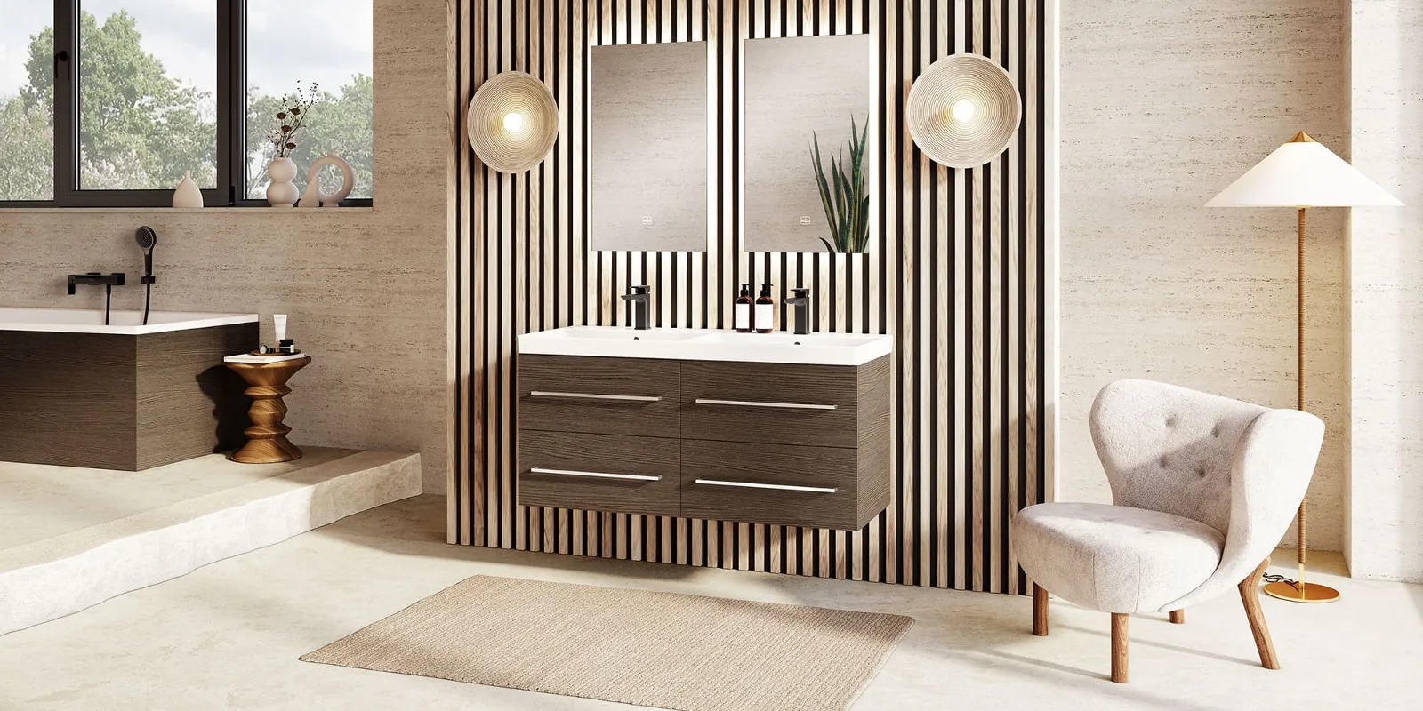 Un bagno con una parete in legno, davanti alla quale si trova un lavabo doppio Avento su un mobile sospeso di Villeroy & Boch.