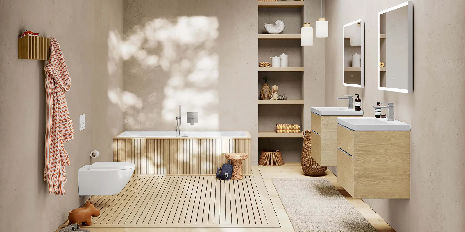 Un bagno con pavimento in legno ed eleganti mobili da bagno Subway 3.0 in look legno.