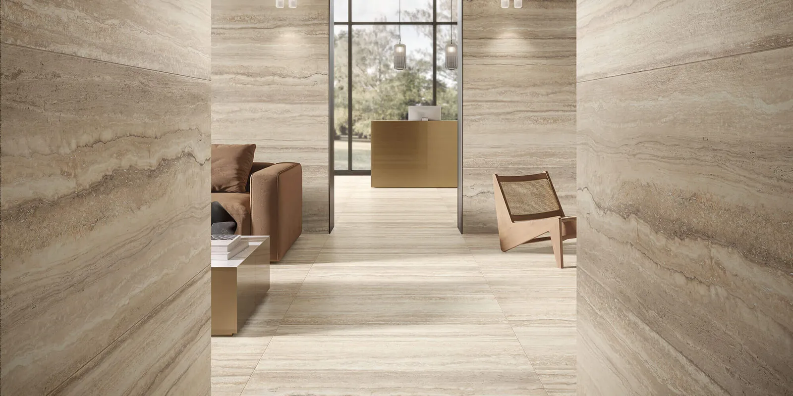 Elegant foyer with beige striped walls and tiled floor leading to an arched entrance overlooking a garden, furnished with minimalist chairs and wall lights.