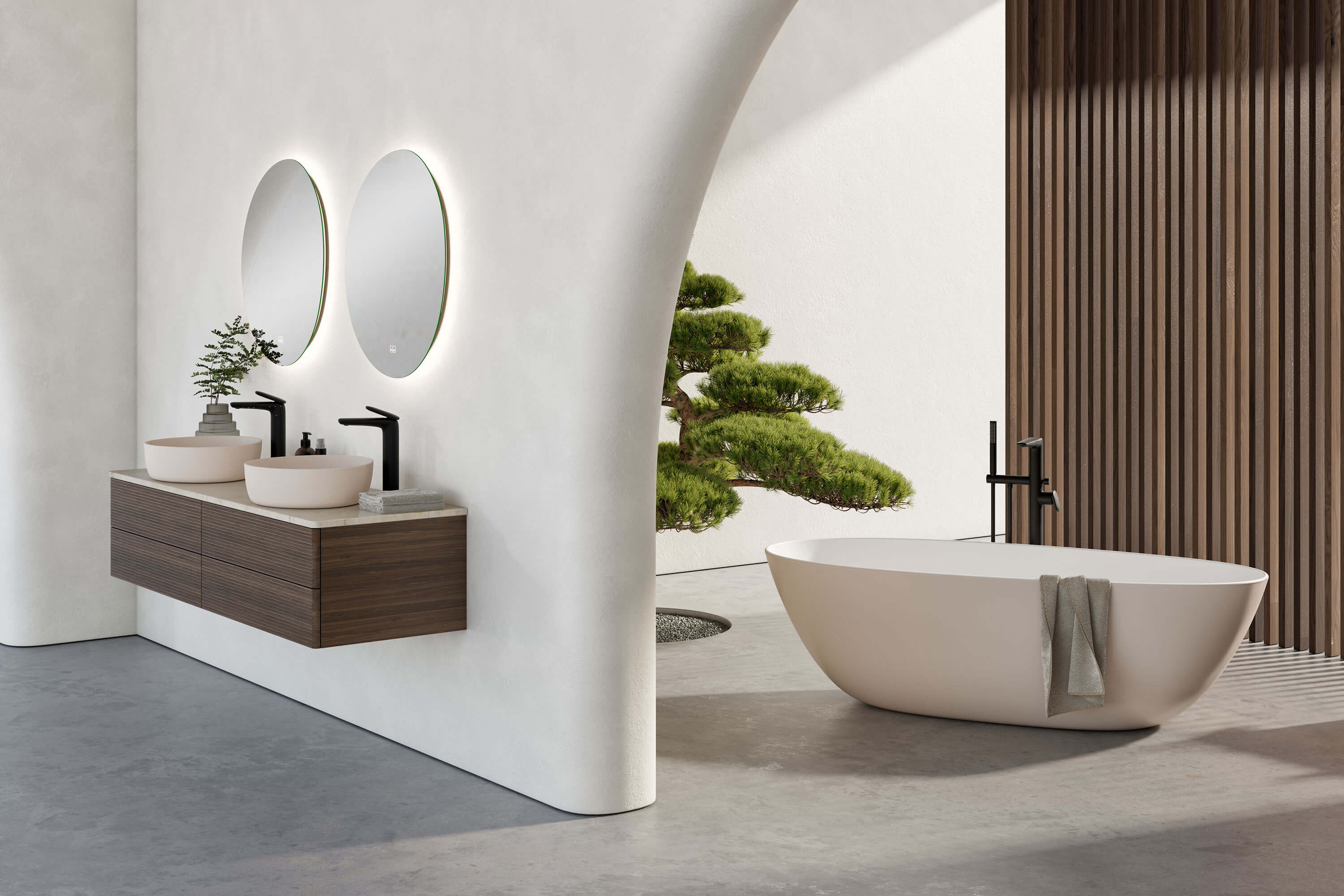 Un bagno moderno con accenti in legno scuro, vasca e lavabo Antao in beige.