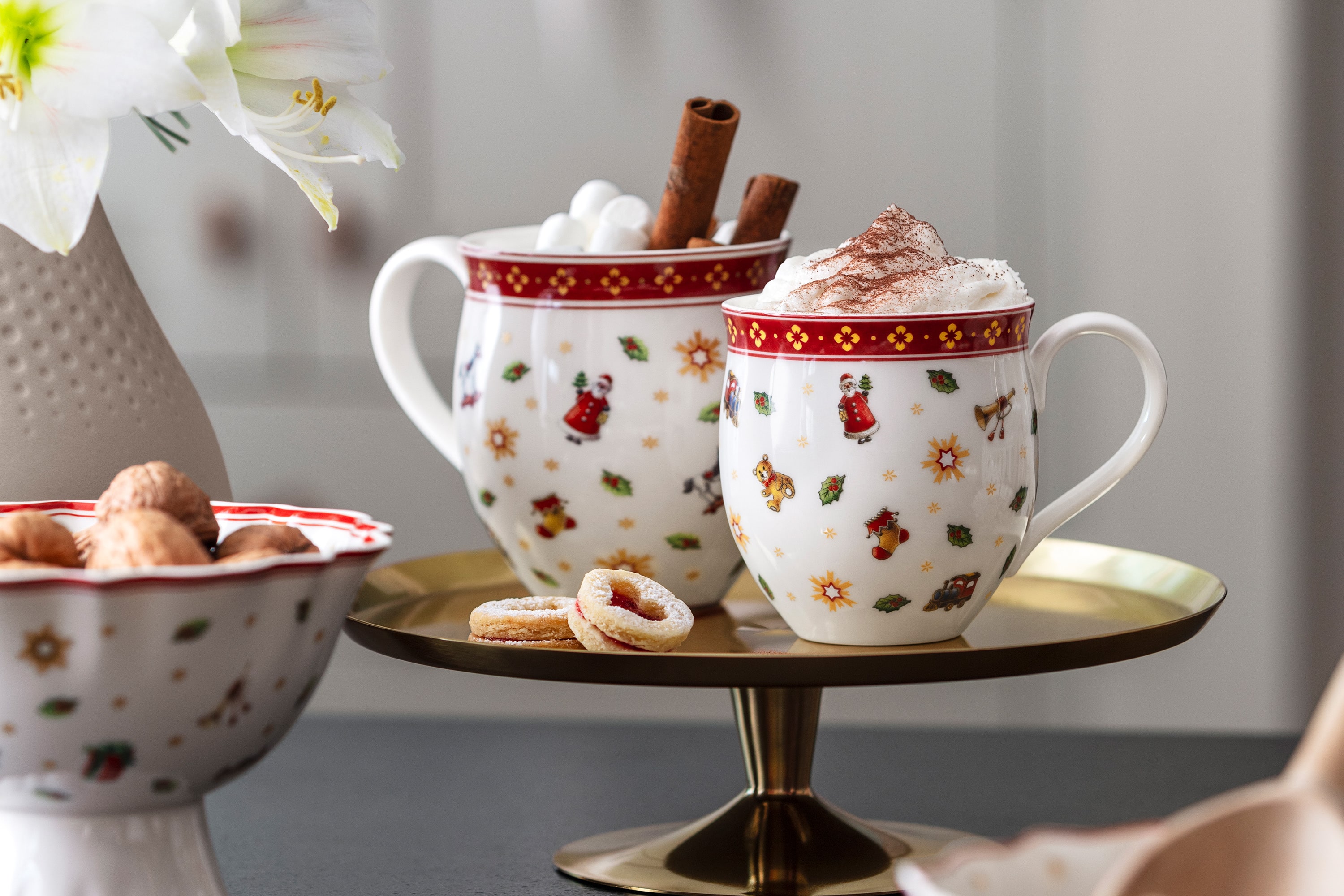 Christmas drinks served in Toy's Delight mugs