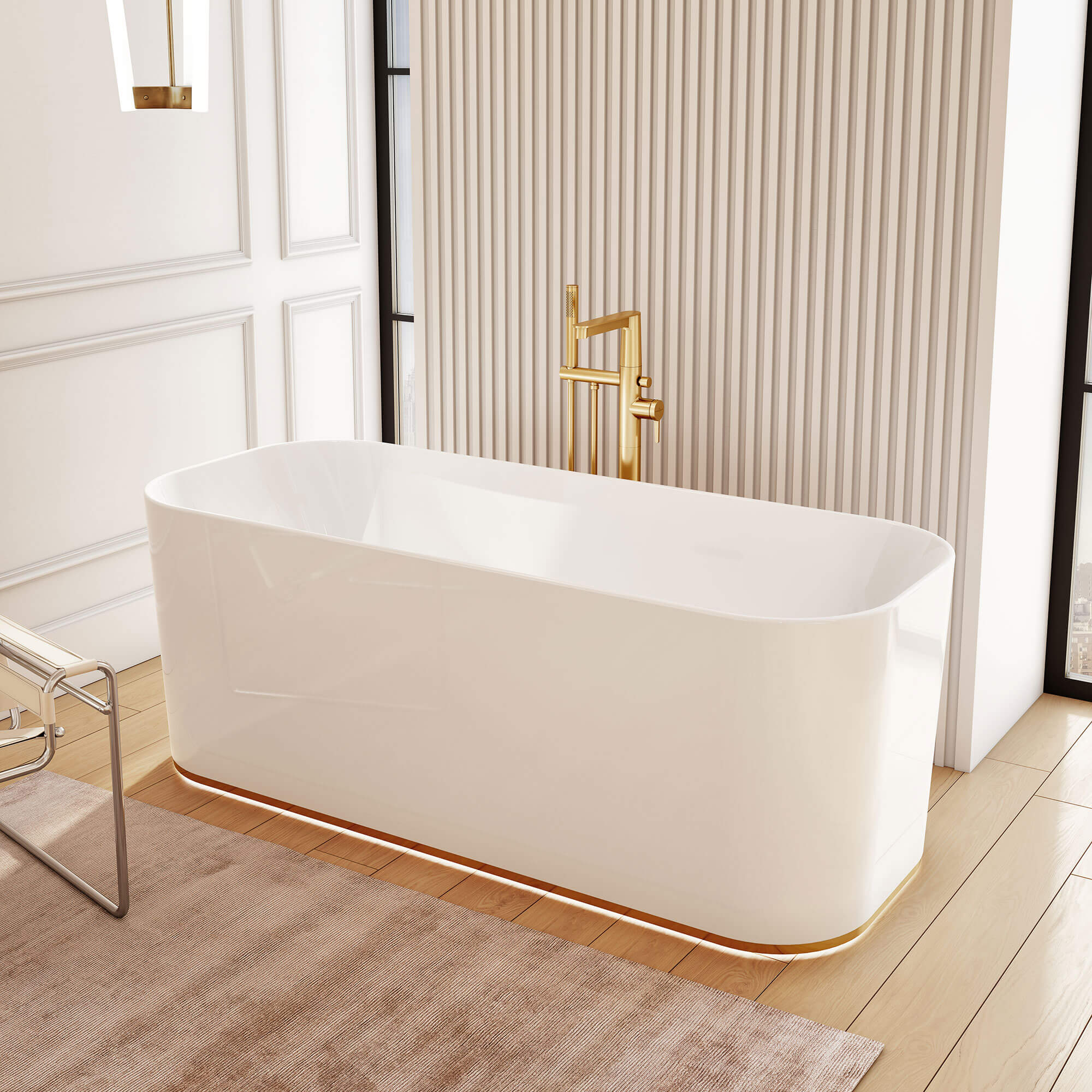 Une baignoire Finion blanche avec un éclairage et des murs beige.