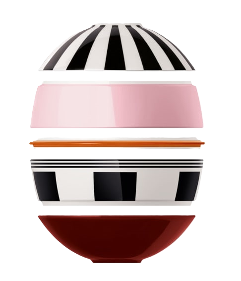 the components of la boule memphis  shown vertical to show how they stack